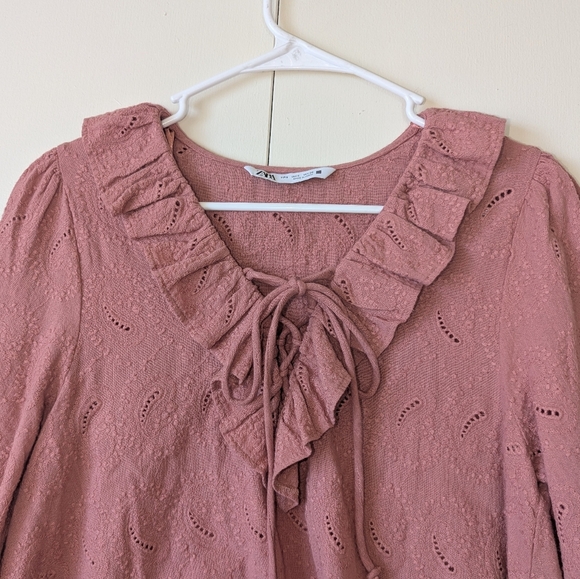 Zara Dark Rust Pink Embroidered Ruffle Lace Up Tunic Size‎ Small. - Picture 3 of 6